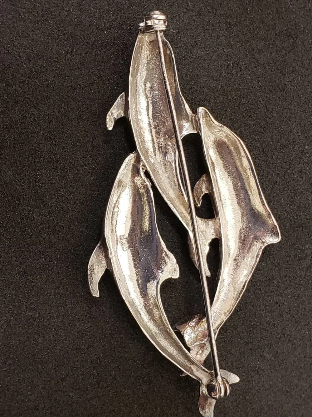 Vintage Sterling Silver 3D Three Dolphin Swimming Ocean Estate Pin Brooch